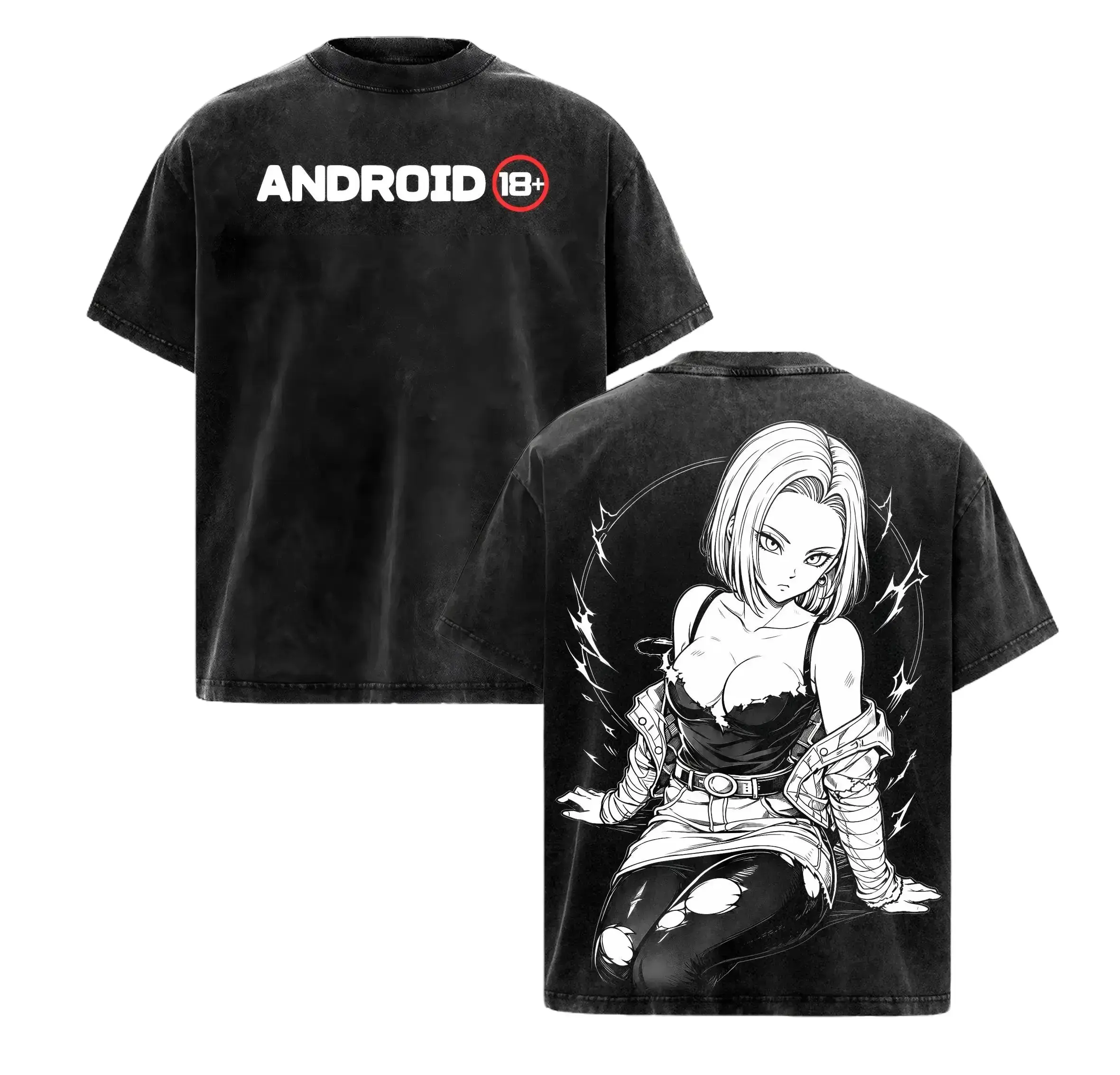 Android 18 DBZ Shirt Vintage Washed Tee | DBZ Anime Streetwear Graphic T-Shirt Unisex Couple T-shirts S 4XL 5XL Kove Clothing  | Manga Oversized Shirt for Men Women
