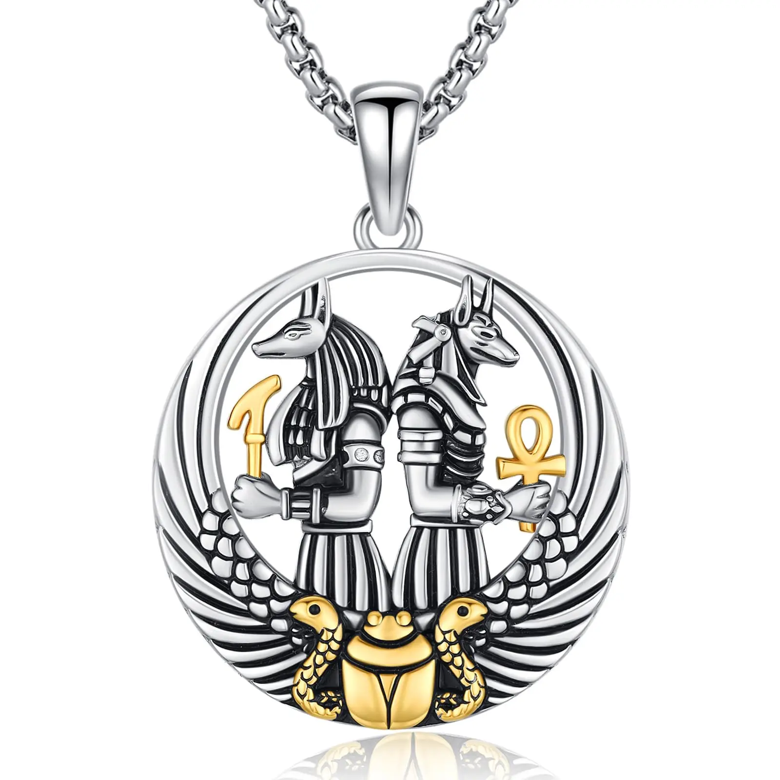 DRINSPER 925 Sterling Silver Anubis Fashion Necklace, Vintage Egyptian God Jewellery Pendant with Ankh-Scepter, Anti-Tarnishing Tarnish-Free Silver Necklaces & Pendants for Jewelry Lovers, Anti-Tarnishing Silver Necklaces & Pendants