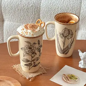 Vintage Floral Ceramic Coffee Mug - Retro Cream Glazed Tea Cup,  French Countryside Style Milk Mug for Home & Office Decor