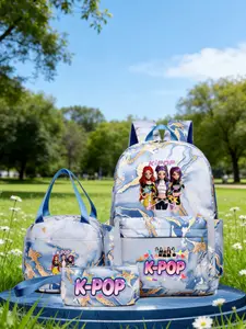 K-Pop Cartoon Student Backpack Set, Adorable Large Capacity Shoulder Bag, Lunch Box, Pencil Case, Casual Canvas Material, All Seasons