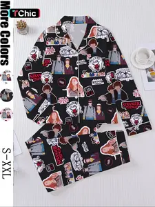 Women's Sleepwear Set, Netflix Stranger Things, Long Sleeve Button-Down Soft Top & Elastic Pants, Casual All-Season Home Wear, Comfortable for Daily Wear, Pajama Set, Loungewear, Pjs, Homewear