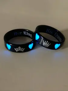 Couple Crown & Heart Design Luminous Ring, Fashion Jewelry for Party, Daily Clothing Decor, Trendy All-Match & Exquisite Jewelry for Birthday Gift
