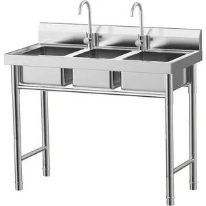Freestanding 3-Basin Commercial Sink 2026 Must Have 304 Steel 440lbs Load Splash-proof Filter 13-15L Per Basin for Restaurant Kitchen (Kitchen Gadgets)
