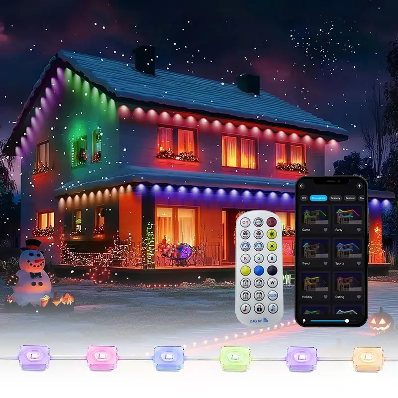 Solar Powered RGBIC Smart Outdoor Eaves Lights Led Strip Light, with Installation Tools, Solar Design, Extendable 100FT (2x50FT Kit), APP/Voice/Remote Control, IP67 Waterproof, Atmosphere Light, DIY Installation for Christmas & House Exterior Lighting