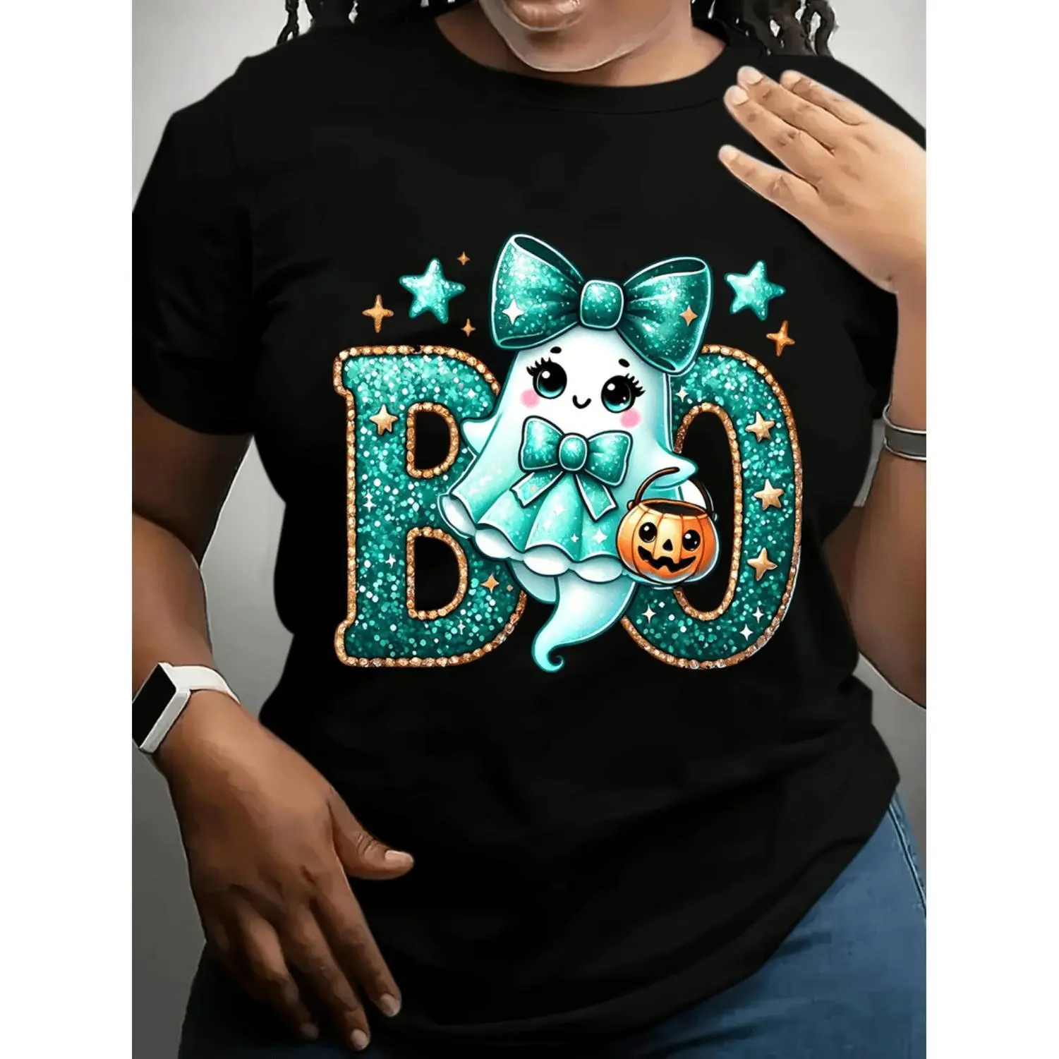Plus Size Women's Halloween Tee Featuring Adorable Pumpkin Graphic for Casual Wear and Celebrations Plus Size Women's Halloween Tee Featuring Adorable Pumpkin Graphic for Casual Wear and Celebrations