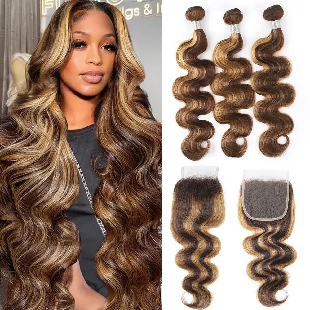 Honey Blonde Highlight Sew In P4/27 Body Wave Bundles With 5x5 Lace Closure Virgin Raw Bundles With Closure Human Hair Weave