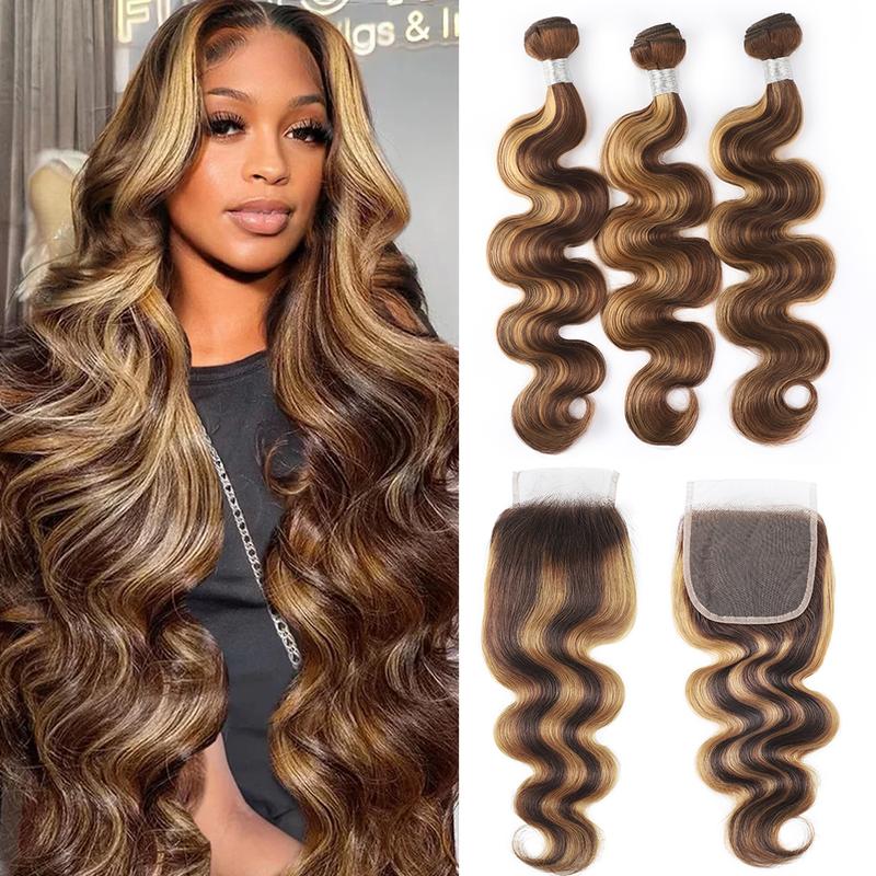 Honey Blonde Highlight Sew In P4/27 Body Wave Bundles With 5x5 Lace Closure Virgin Raw Bundles With Closure Human Hair Weave