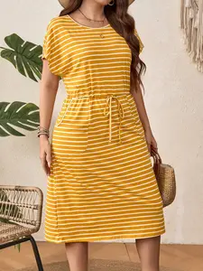 Plus Size Striped Waist Cinching Fit Dress, Women Casual Summer Fashion, Comfortable and Stylish, Perfect for Daily Wear, Everyday