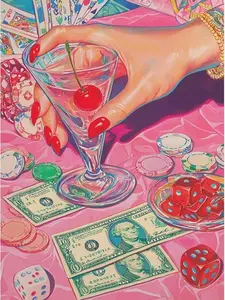 Vibrant Pink Game Night Diamond Painting Kit - Cherry Cocktail & Chips Print, DIY Full Drill Rhinestone Art, Wall Decor for Bedroom