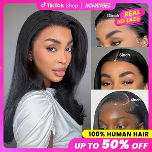 WOWANGEL 100% Human Hair  13x6 Real HD Lace Front Wigs Lace Glueless 13x6 Full Frontal Wig Straight Texture 180% 250% Density Black Wig Pre-Plucked Hairline