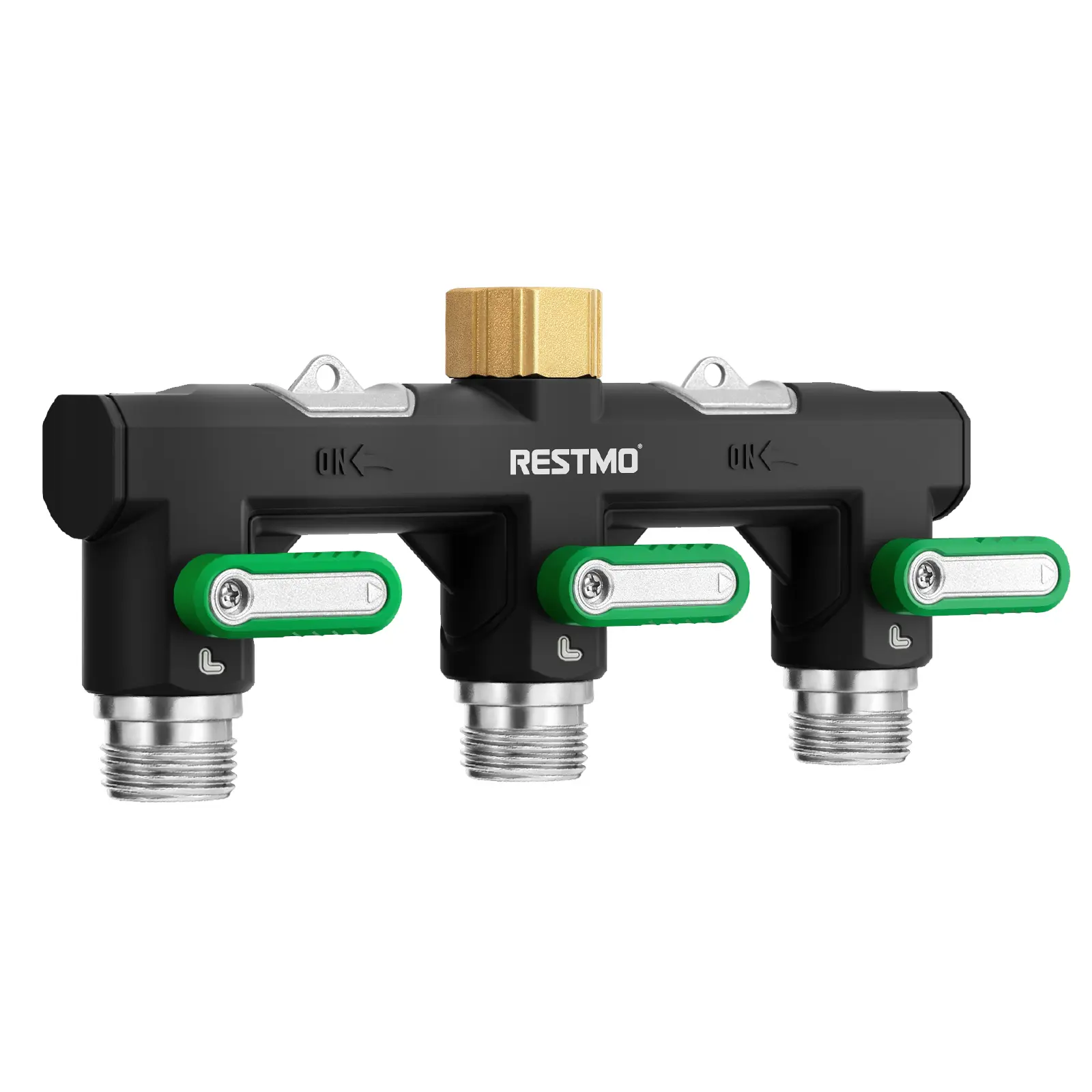 Restmo 3-Way Full Metal Brass Garden Hose Splitter, Heavy-Duty 840 PSI Faucet Adapter with 3/4 Inch GHT Thread, 13Mm Oversized Ball Valve, 15Mm Extra-Wide Inlet/Ports, Extended Shut-Off Handles, Green Connector for Hoses & Reels, 3-Way Hose Parts & Connec