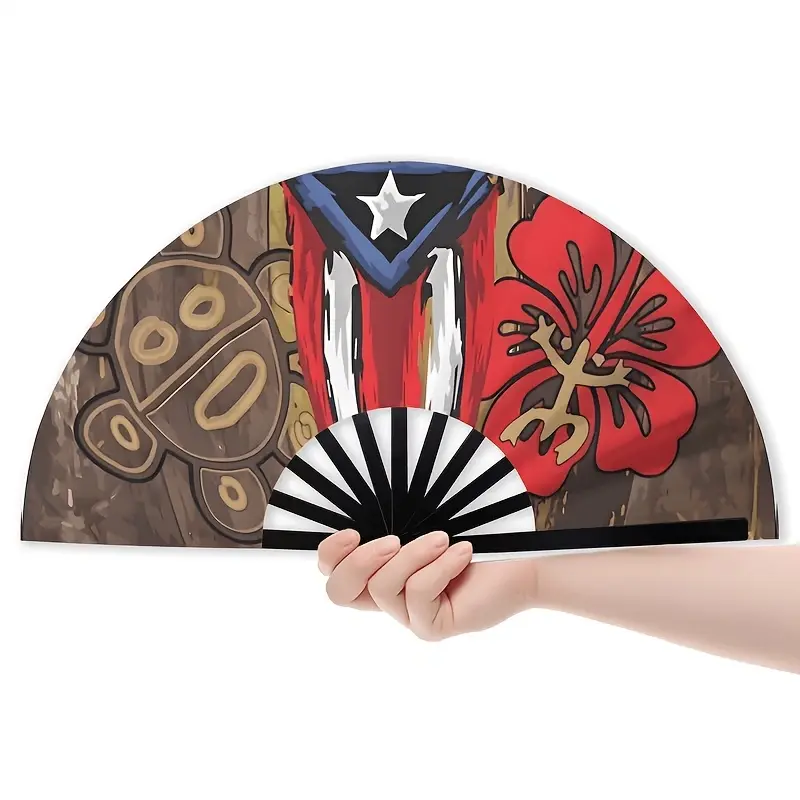 13-Inch Compact Plastic Handheld Foldable Fan with Puerto Rican Flag Design - Waterproof, Sweat-Resistant, Portable Fashion Accessory for Party, Beach, Music Festivals
