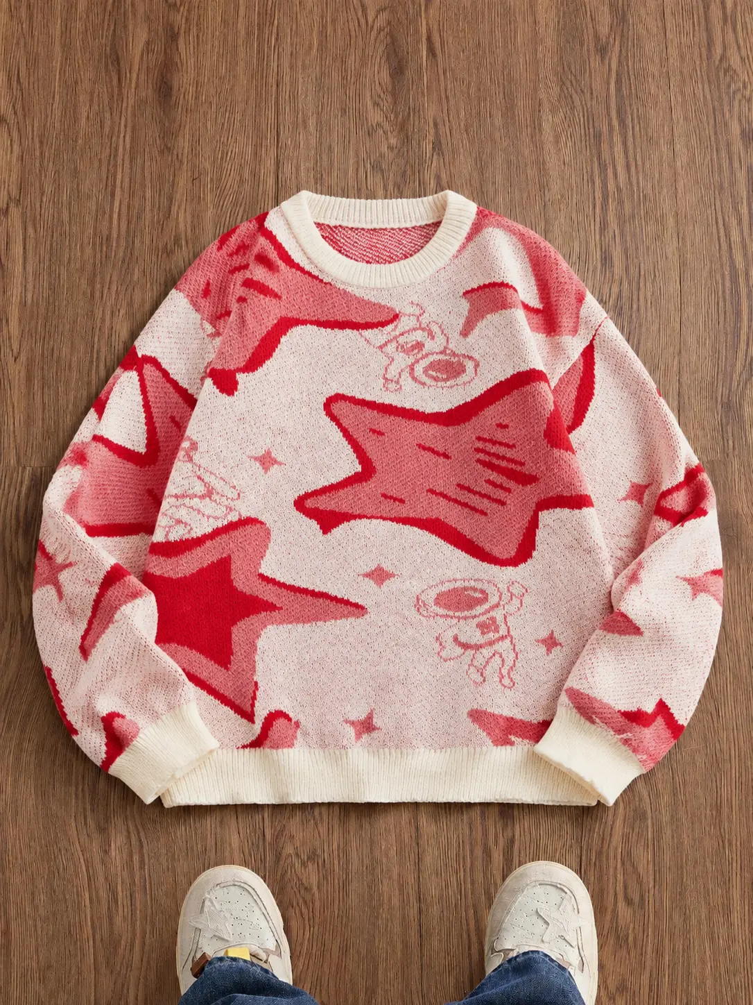 Men's Jacquard Crewneck Knitwear - Menswear Polyester Sweater with All-Over Star Astronaut Print, Loose-Fit Casual Wear for Autumn/Winter, Versatile Casual Top