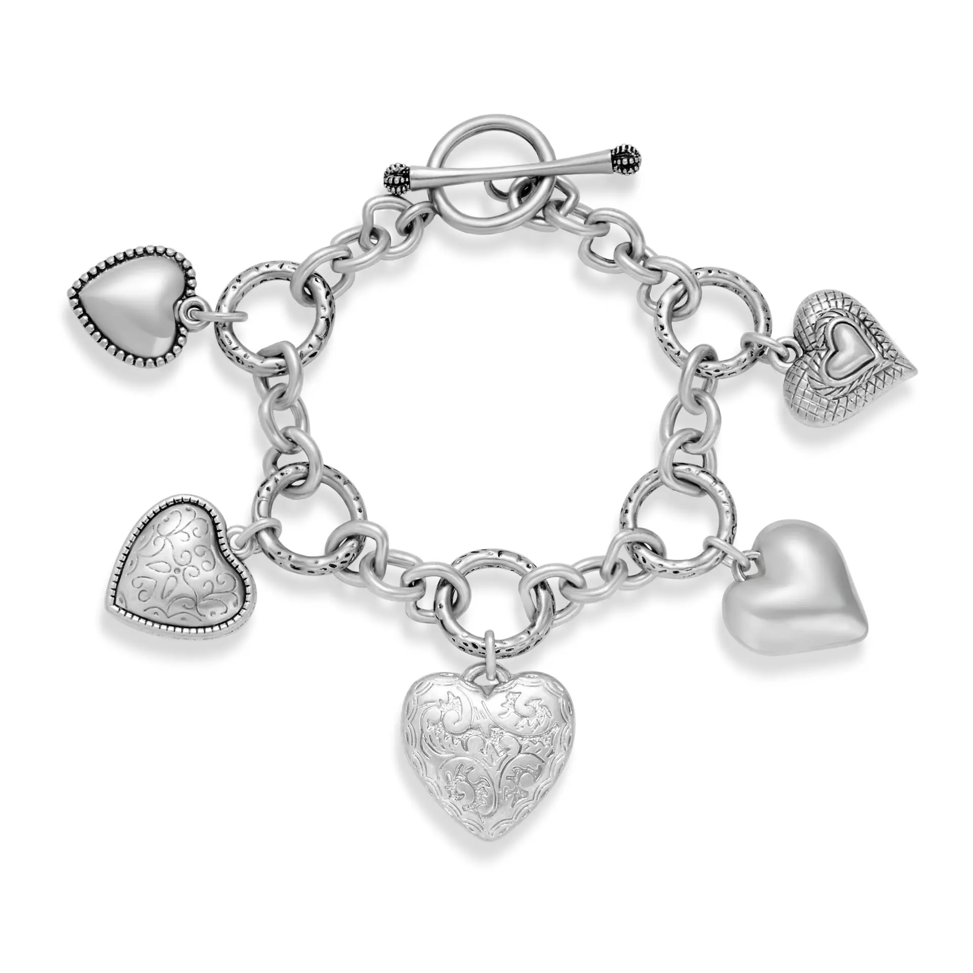 Women's Silver Multiple Hearts Charm Bracelet, 20.5cm Chunky Link Chain with Toggle Clasp, Retro Charm Y2K Statement Jewelry, Daily Wear Gift for Her