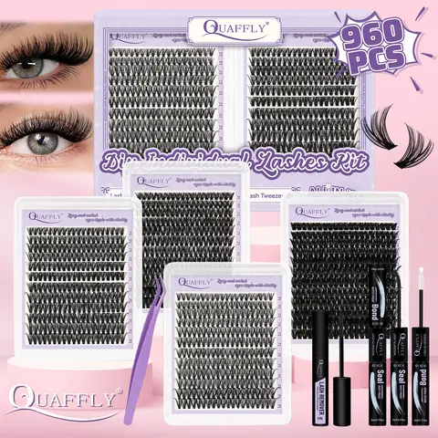 QUAFFLY DIY Eyelashes Clusters Makeup Tool Set - 960Pcs Multi-Pack D-Curl 10-18MM False Eyelashes (30,40,60,80D) with 4 Styles, Bond, Seal, Remover & Tweezers