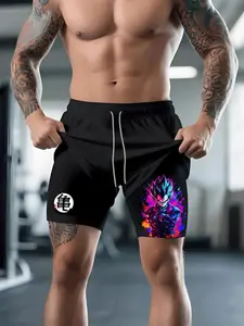 Men's 2-In-1 Anime Print Gym Shorts, Quick-Dry Training Shorts with Japanese Character Pattern, Street Style Running Shorts with Drawstring Waist, Workout Impact Shorts