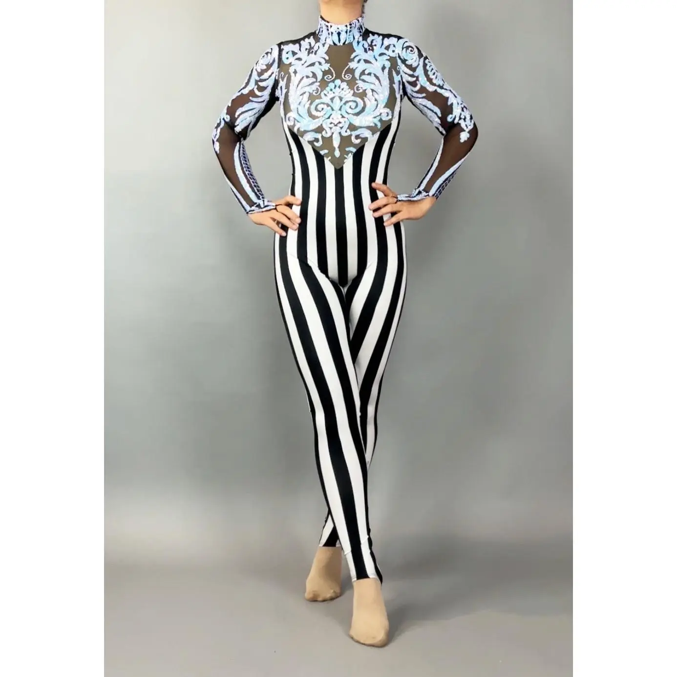 Striped Catsuit for Women, Long Sleeve High Neck Performance Clothes in Stretchy Spandex Fabric with Sheer Mesh and Sequin Details, Accessories, Embroidery