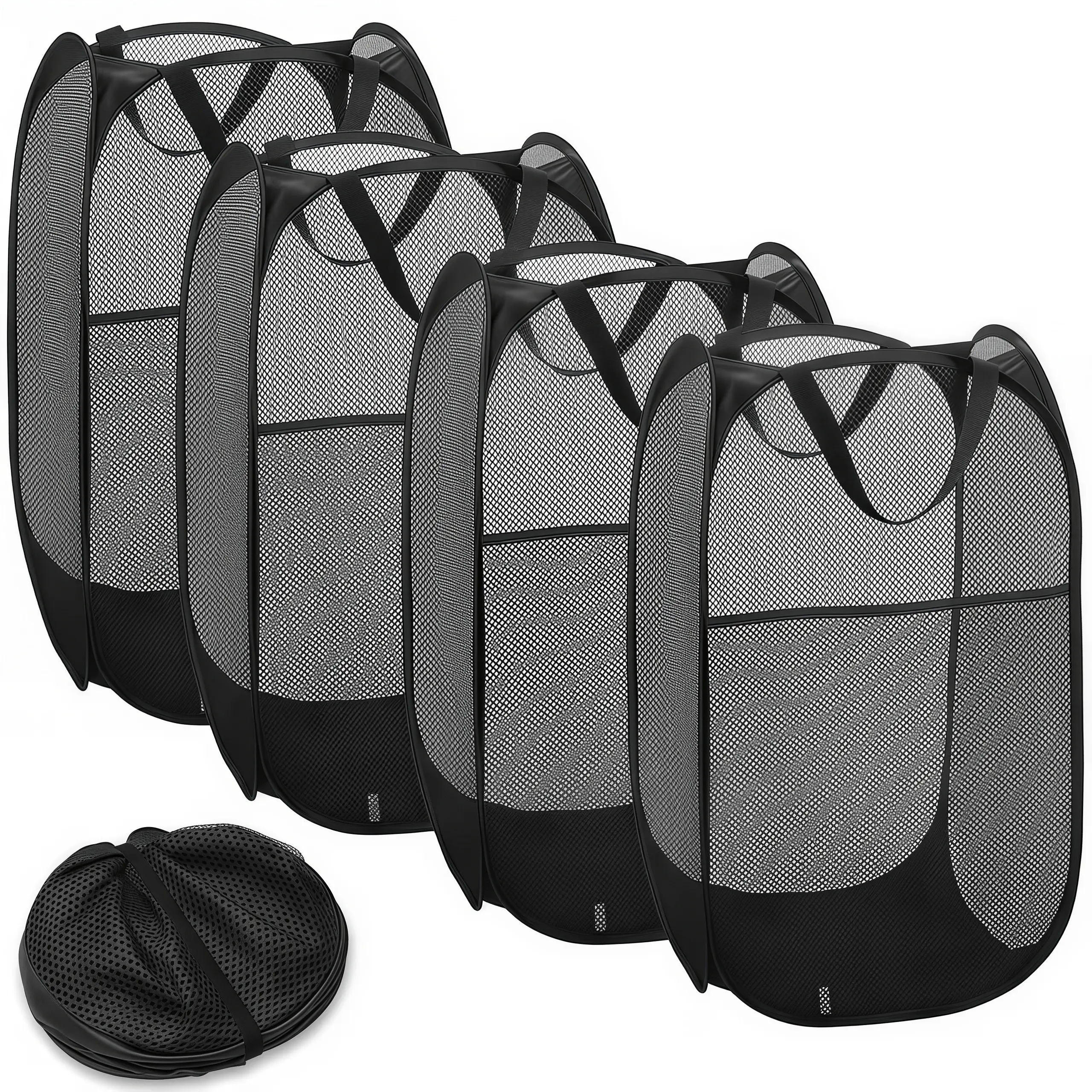 LMMAKE 4PCS Collapsible Mesh Pop Up Hamper with Wide Opening & Side Pocket Breathable Sturdy Foldable Space Saving Design for Clothes Storage Black