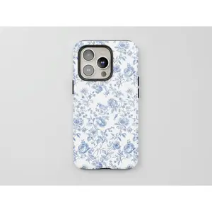 French Toile De-Jouy Case, Blue and White Floral Bouquet Phone Case Premium Film 2 in 1 Phone Case - Durable, Shock Absorbing and Stylish Protection - Compatible with iPhone 16, 15, 14, 13, 12, 11, Plus, Pro, Pro Max, Perfect birthday gift for friends.