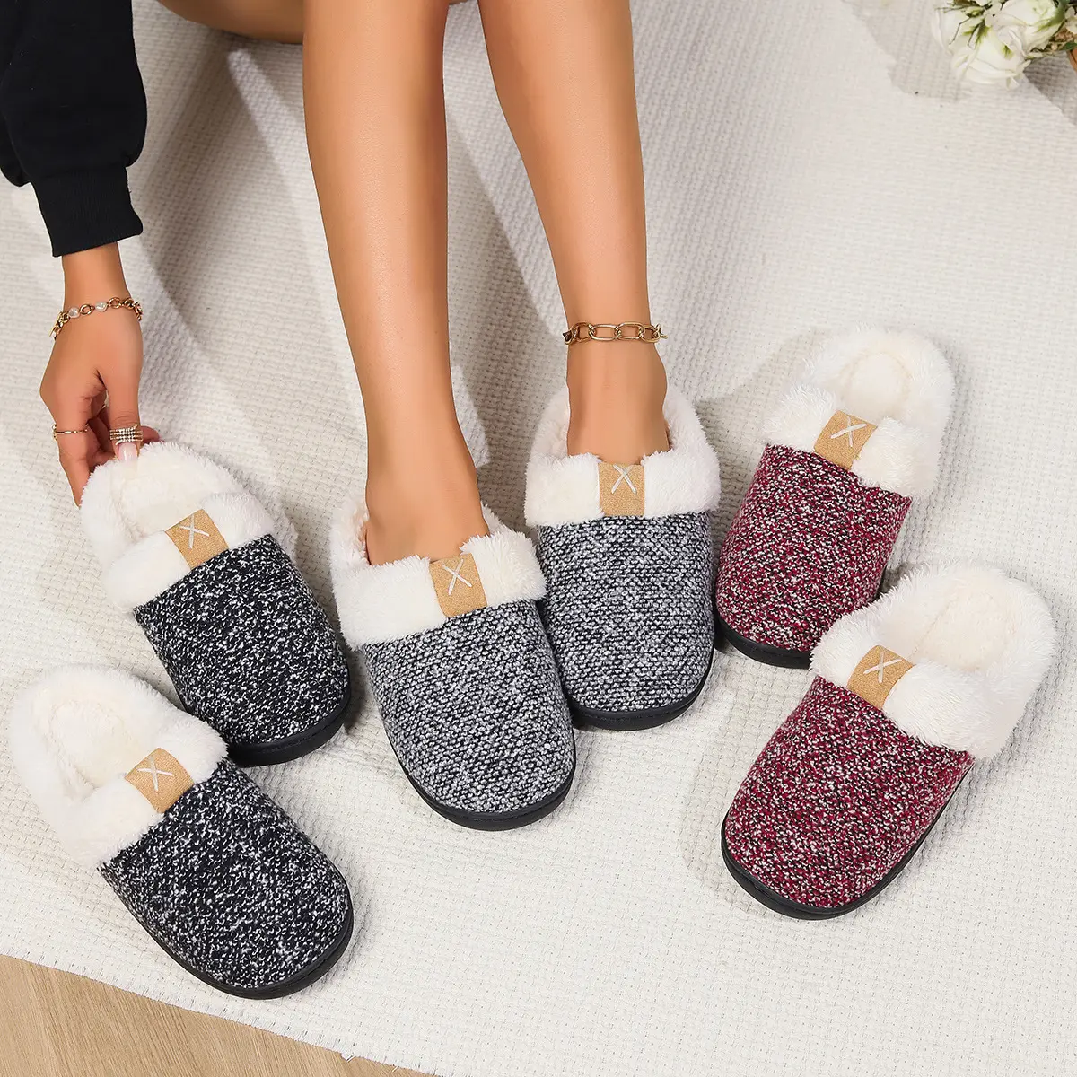 Cotton slippers for women, anti slip cashmere for warmth, monthly slippers for indoor home, cute and fluffy cotton Walking Shoes houseslippers swag Slide Women's Indoor Bedroom Slipper Gift for Women, House Shoe with Anti-Skid Rubber Sole for Ladies