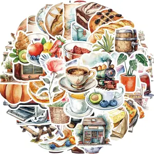 Coffee & Food Pattern Sticker, 50pcs/set Waterproof Self Adhesive Decor Paper, Decor Sticker for Gift Greeting Card Water Bottle Laptop Phone, Ornaments