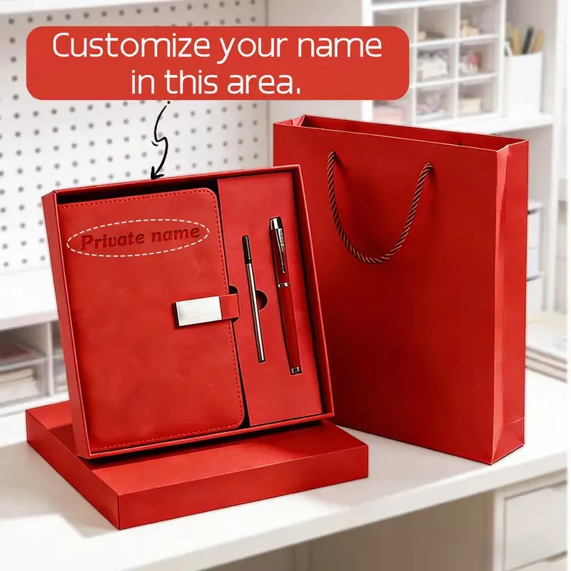 Engravable 3-Piece Faux Leather A5 Notebook-Pen Set - Refillable Ink, Replaceable Notebooks, Organized, Convenient Teacher Thoughtful Gift for Professionals, Office Stationery