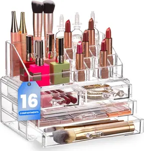 Masirs Clear Makeup Organizer - 16-Compartment Cosmetic and Jewelry Holder with 4 Drawers - Vanity Storage Box for Makeup, Skincare, Accessories, and Jewelry Display