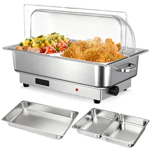 Home Electric Chafing Dish Set with Temperature Control | 9QT Stainless Steel Buffet Server with Transparent Lid for Catering, Weddings & Parties, Stainless Steel Pans, Power Cord