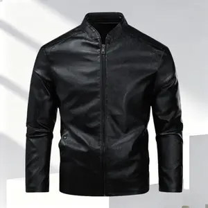 Men's leather stand collar zipper jacket, vintage motorcycle style, featuring a glossy leather texture, sleek stand collar design, and retro details such as zippers and side studs. The slim fit enhances the body shape, suitable for vintage motorcycle enth