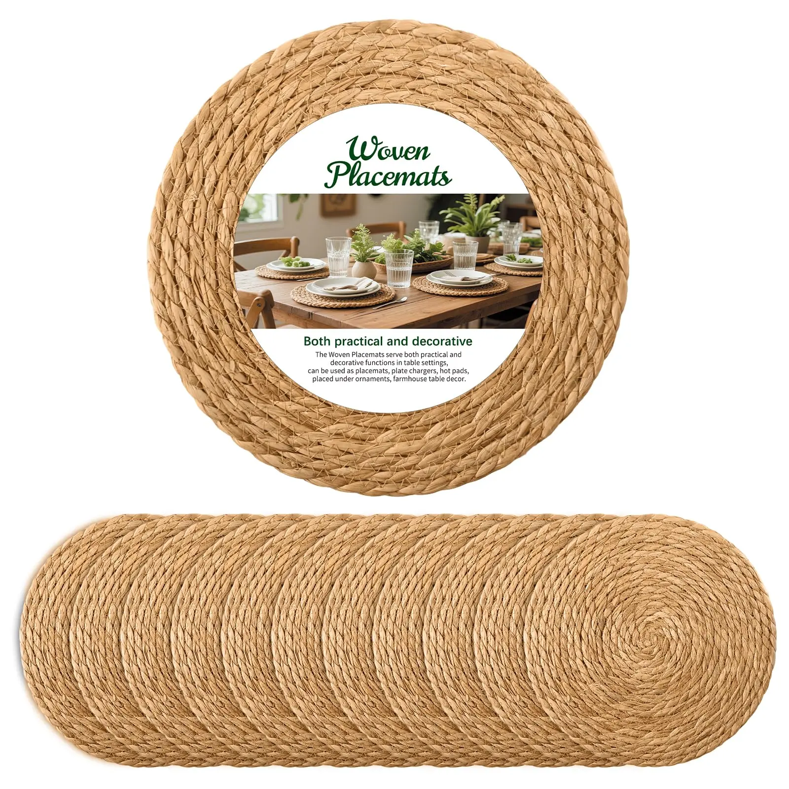 Set of 12 Round Woven Placemats Plate Chargers, Boho Farmhouse Rustic Woven Place Mats for Kitchen Dining Party Table Decor, Rattan Wicker Table Mats Jute Braided Chargers for Dinner Plates