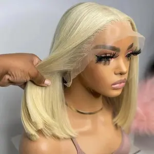 Blonde short Bob Wig style 100% Human Hair Straight 613 Bob Wig Human Hair 180 Density 613 Blonde Wig 13x4 Transparent HD Lace Frontal Wigs for Women