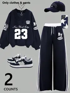 Women's 2-piece Womenswear Fall Winter Set, V-neck Number & Letter Graphic Print Long Sleeve Hoodie Sweatshirt with Drop Shoulder & Loose Side-stripe Pants, Must-have Fashion Trendy Casual Everyday Outfit for Travel, Vacation, Street & Campus