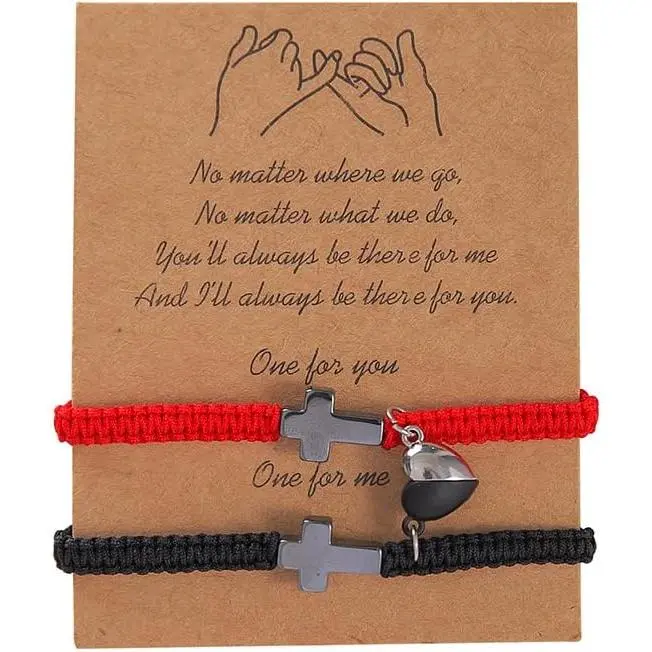 Couple's promise bracelets,Two Inspirational Christian Cross Bracelets,Magnetic Heart Jesus bracelet,Friendship bracelet-Red Black Rope Braided Adjustable Design With Jesus Blessing Card,Christian Baptism&Valentine's Day boyfriend girlfriend Gift summervi