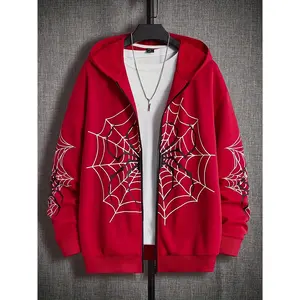 Men's Casual Hoodie with Geometric Spider Web Design - Zip-Up, Polyester, Machine Washable - Perfect for Fall/Winter