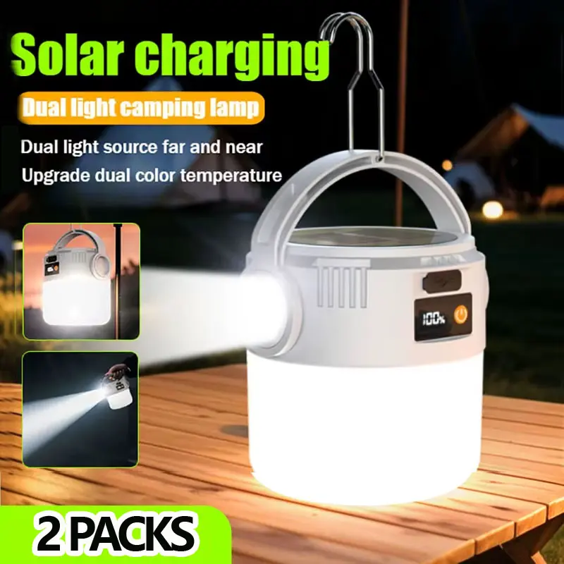 2Pack Rechargeable Solar Lights Outdoor, Waterproof Dual LED Light Lantern & Flashlight, Emergency LED Lamp, Camping Light, Tent Light, Solar Led light, LED Bulb Night Light for Camping Home
