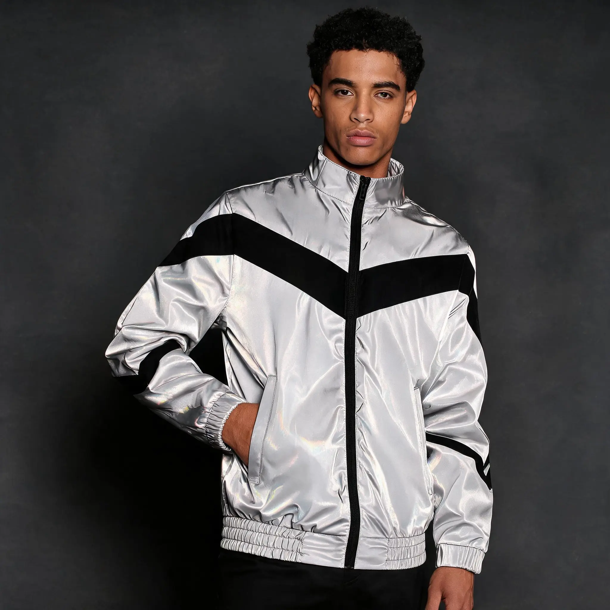 NELEUS Men's Loose-Fit Full-Zip Reflective Stand Collar Color-Block Windbreaker, Night Safety High Visibility Lightweight Casual Sports Outerwear