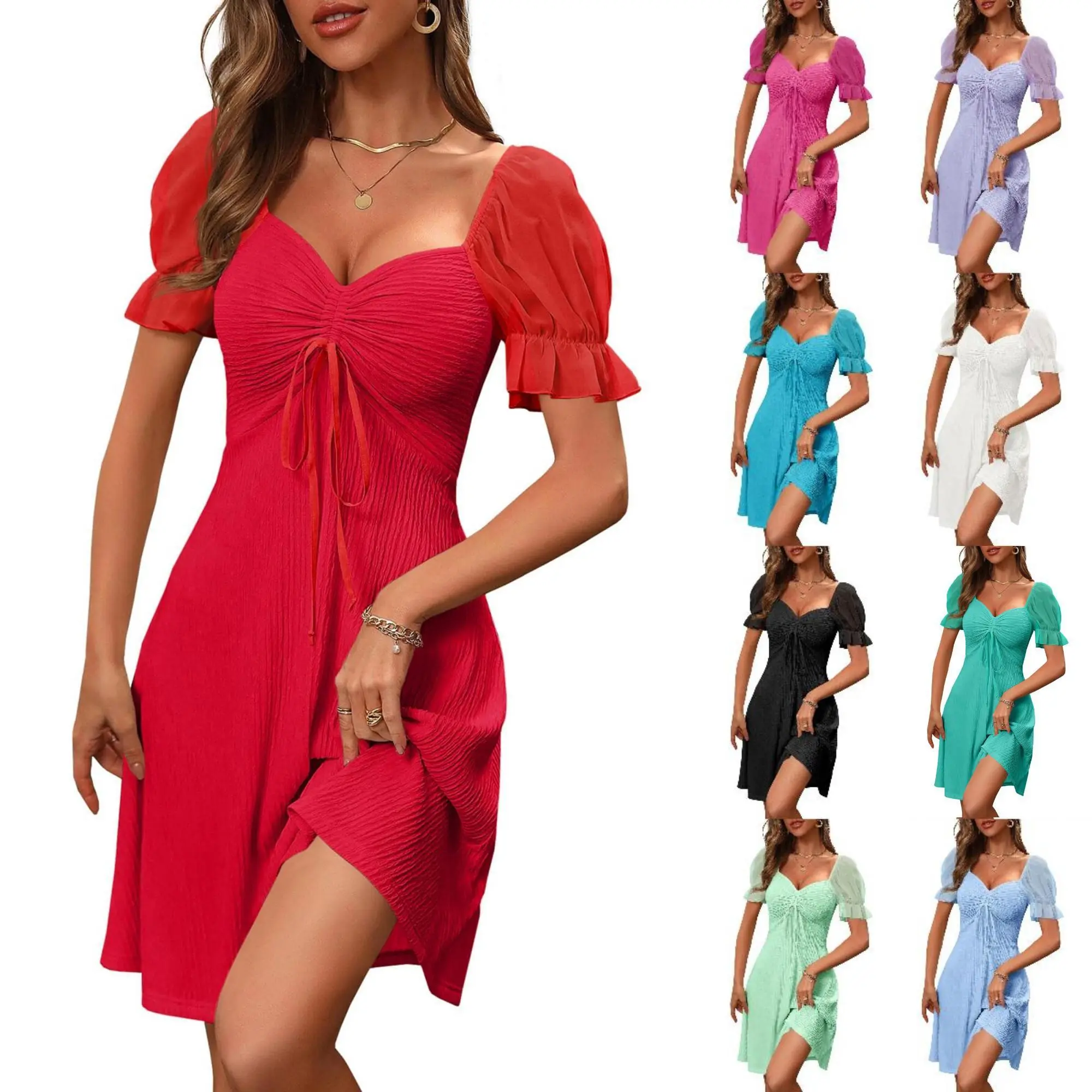 Imily Bela Womens Summer Sweet Short Puff Sleeve Cute Mini Dress Cozy Drawstring Sweetheart Neck Casual Slim Flowy Sundress