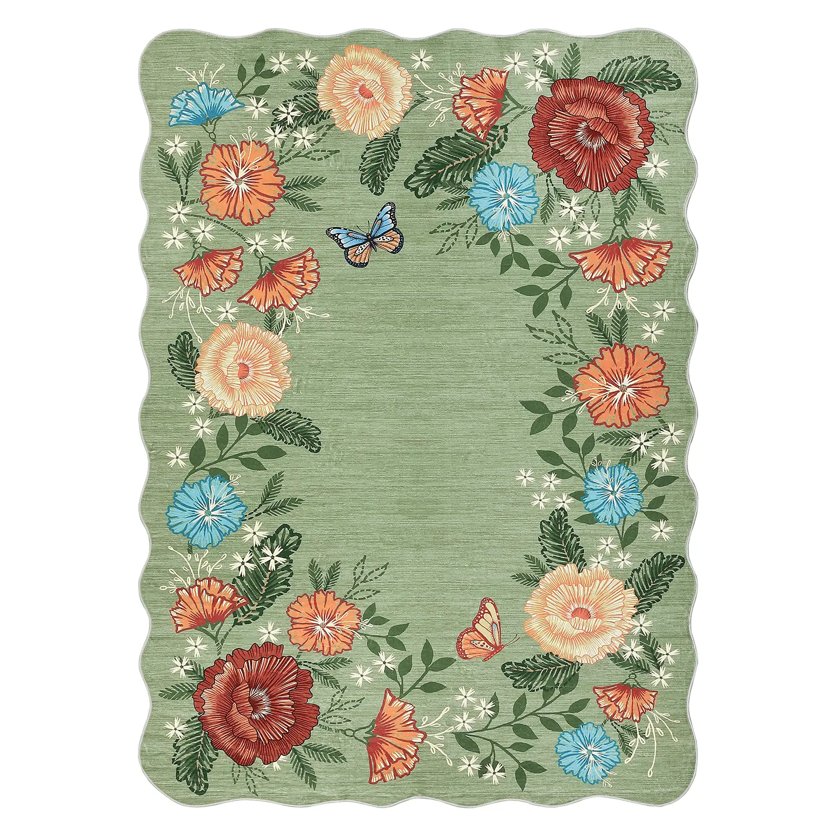 10x13 ft Low-Pile Polyester Fiber Indoor Area Rug, Green Rectangular Modern Floral Botanical Print, Stain-Proof Machine-Washable Home Decor Rug for Living Room, Bedroom Living Room Mat, Floral Area Rugs