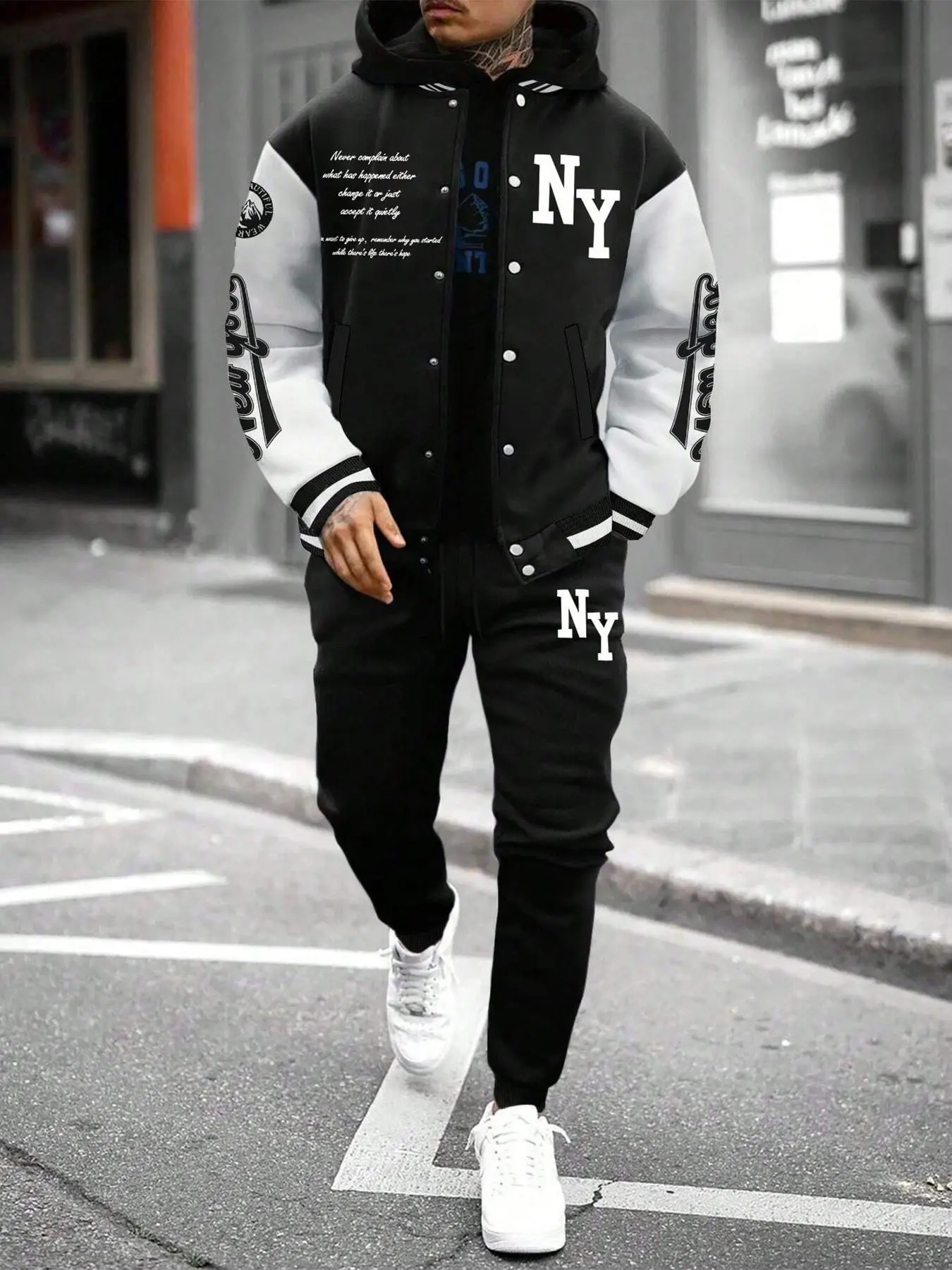 Unisex 2-Piece Set Outfit Ny Letter Graphics Print Baseball Jacket & Loose Pants, Casual Fashion Zipper Cardigan, Spring Fall Y2K