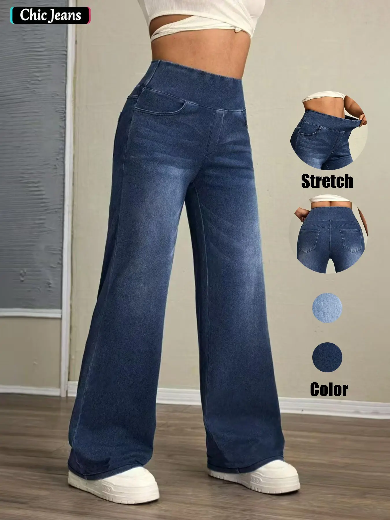 Women's High-Waisted Elastic Stretch Denim Pants, Straight Leg Fit for All Body Types, Essential Casual Wear