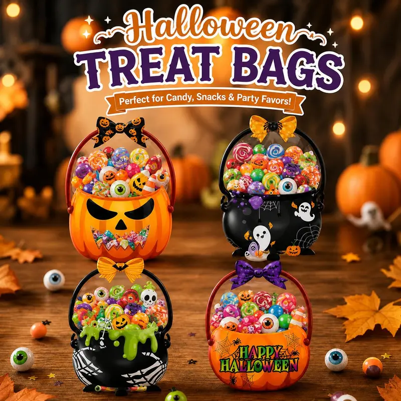 Spooky Halloween Plastic Gift Bags (12/24/48 Pack) - Printed with Cauldron, Skull, Skeleton, Black Cat, Pumpkin Designs, Party Bag Stuffers for Classroom Parties, Student Gifts