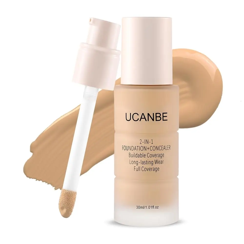 UCANBE 2-in-1 Foundation and Concealer, Full Coverage Matte Cosmetic with Hyaluronic Acid, Long-Lasting Waterproof Pump Makeup for Oily & Combination Skin, Gluten & Fragrance Free, 01 Fair Ivory, Beauty Products, Oily Skin, Gluten Free, Normal