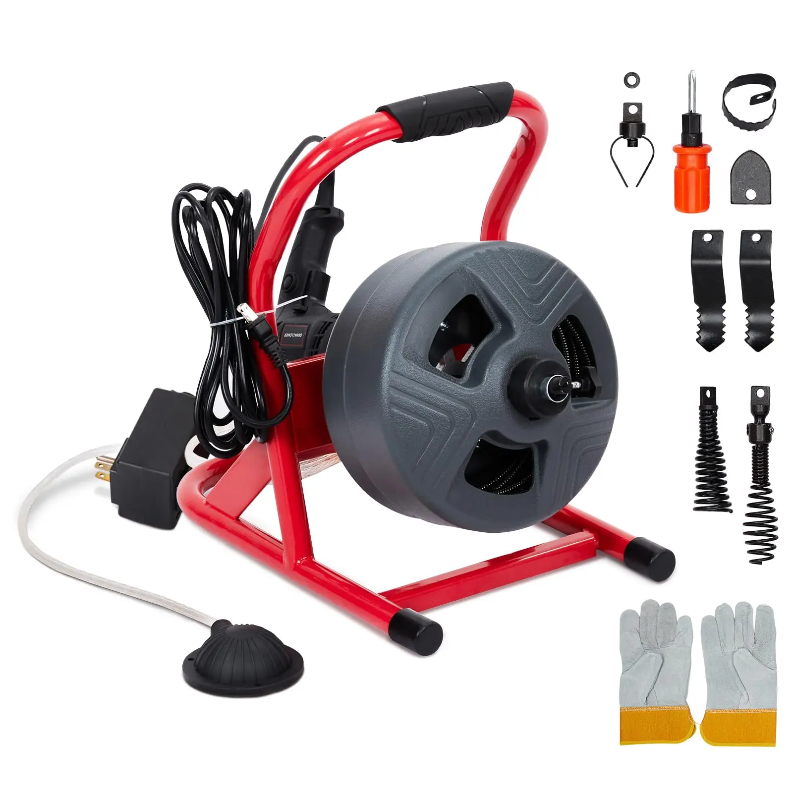 Garvee 50Ft x 5/16 Inch Drain Cleaner Machine, Auto-Feed Electric Drain Auger Professional for 3/4 to 3 Inch Pipes, with 6 Cutters, Glove, Drain Auger Cleaner Sewer Snake
