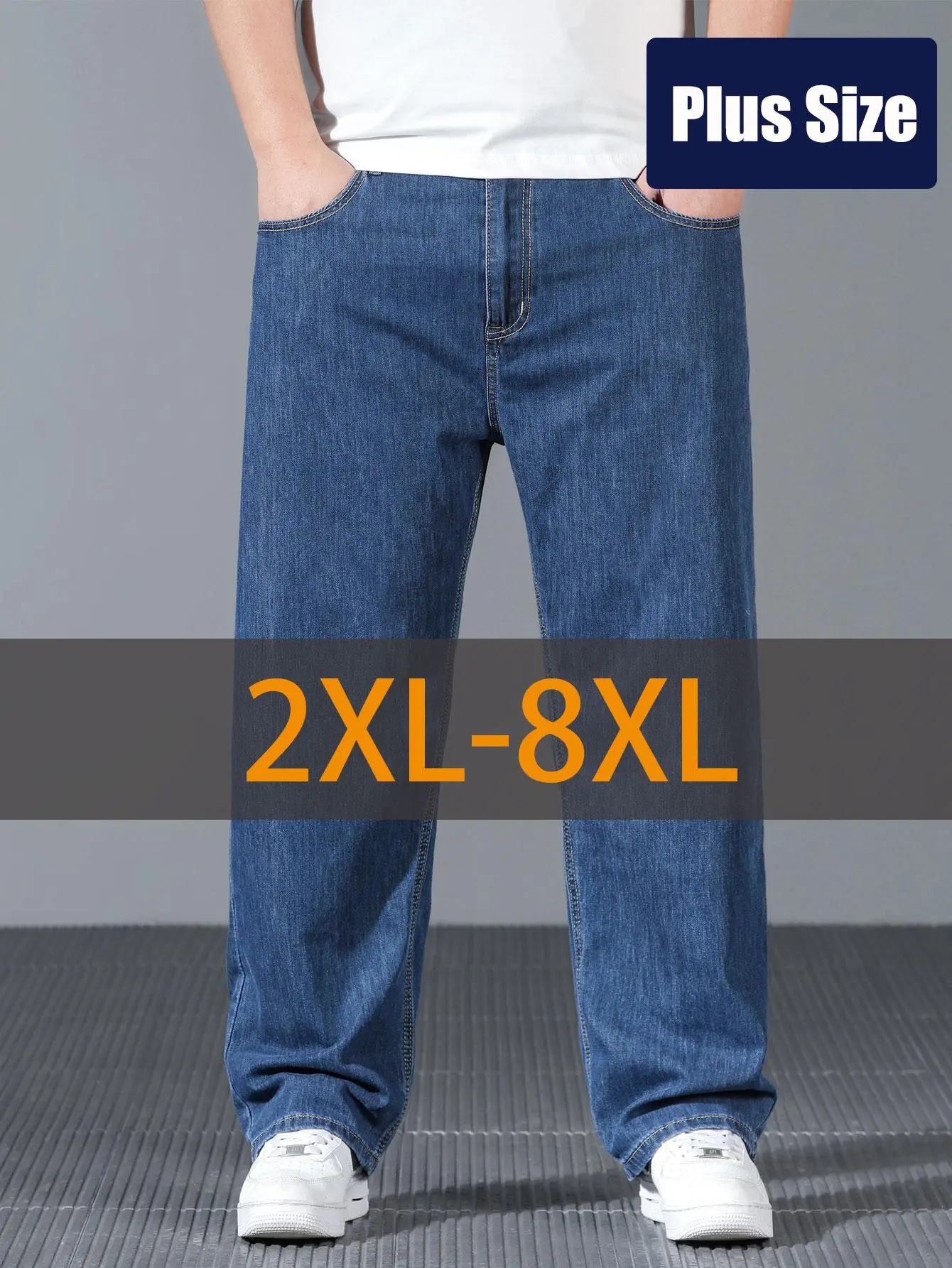 Men's Baggy Washed Denim Jeans (2XL-8XL) - Elastic Stretch, Plain, All Seasons Casual Pants, Loose Fit for Easy Movement, Relaxed Denim Ease, Baggy Washed Denim Men's Jeans