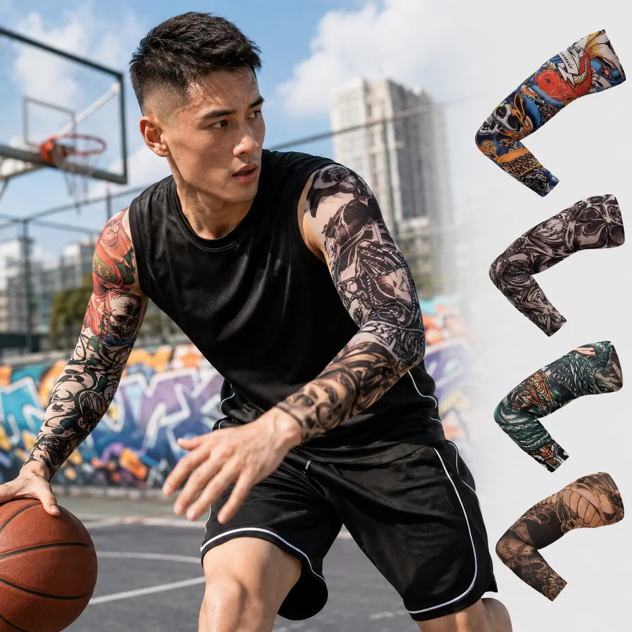 Breathable Knit Sports Arm Sleeves, 10Pcs Fake Temporary Tattoo Arm Sleeves for Men & Women, Cooling Slip‑On Tattoo Sleeve Covers with Mixed Patterns for Cosplay Party