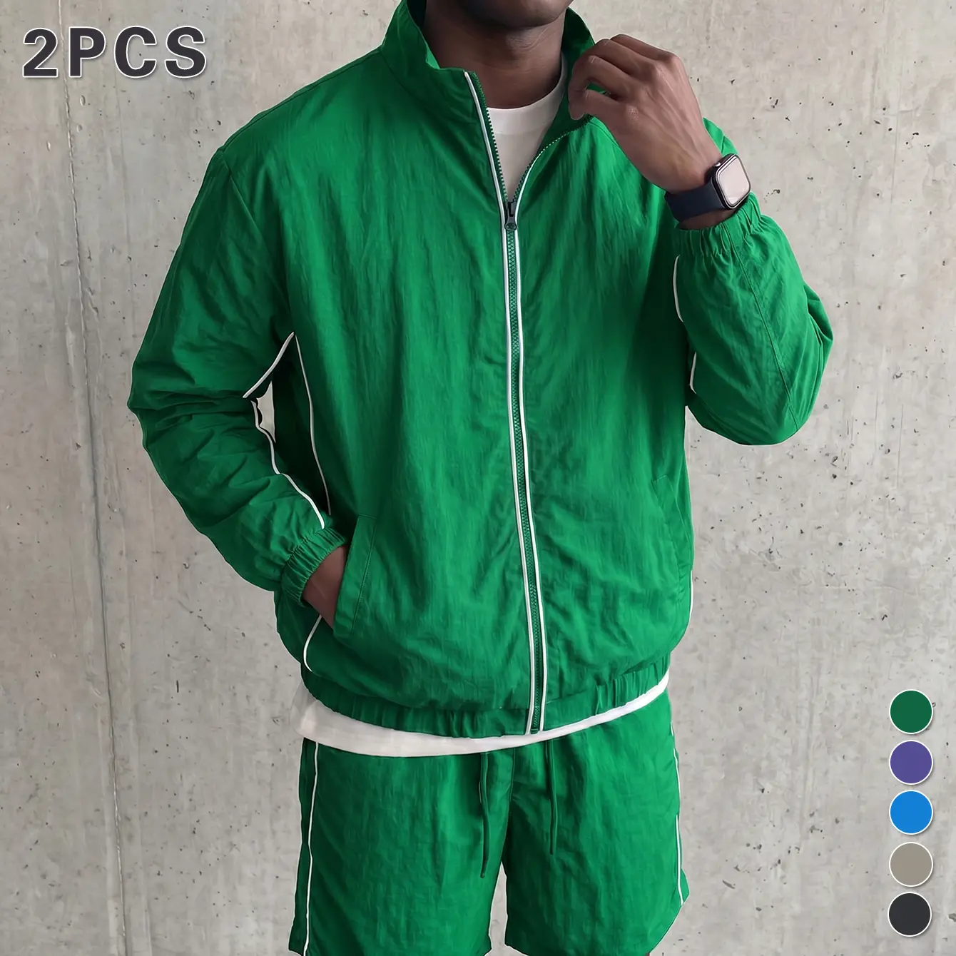 Men's Athletic Two-Piece Set Stand-Collar Zip Jacket and Shorts Lightweight Cool-Touch Quick-Drying Windproof for Gym Running Outdoor Activities and Commuting