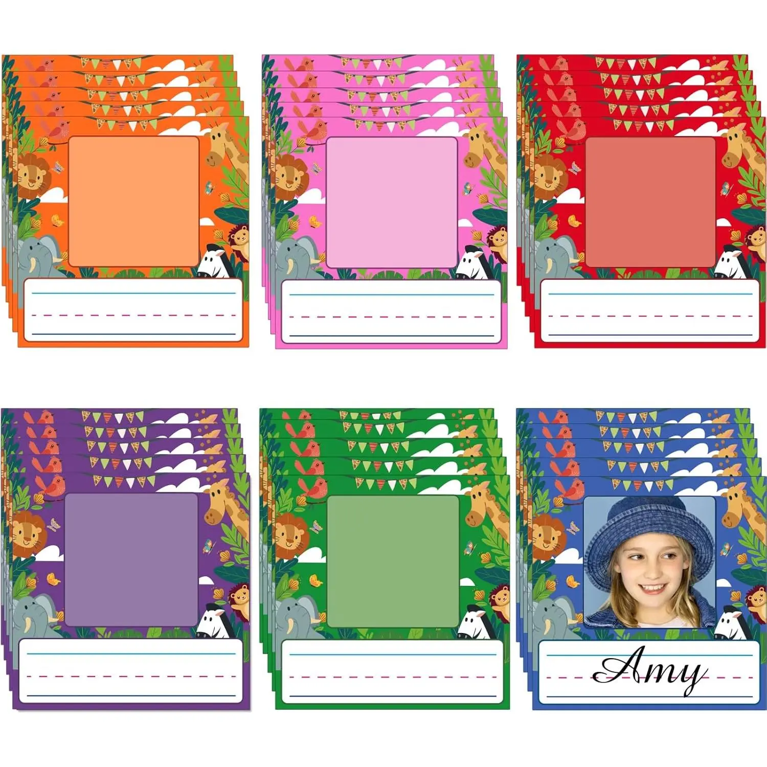 48-Count Photo Nameplates for Desk (8 Count per Style, 4.7x4.7 Inches) - Bright Colors Self-Adhesive Name Tag Labels with Photo Space for Classroom Decor, Office Desk Bins Cubbies Bulletin Board Name Tagging
