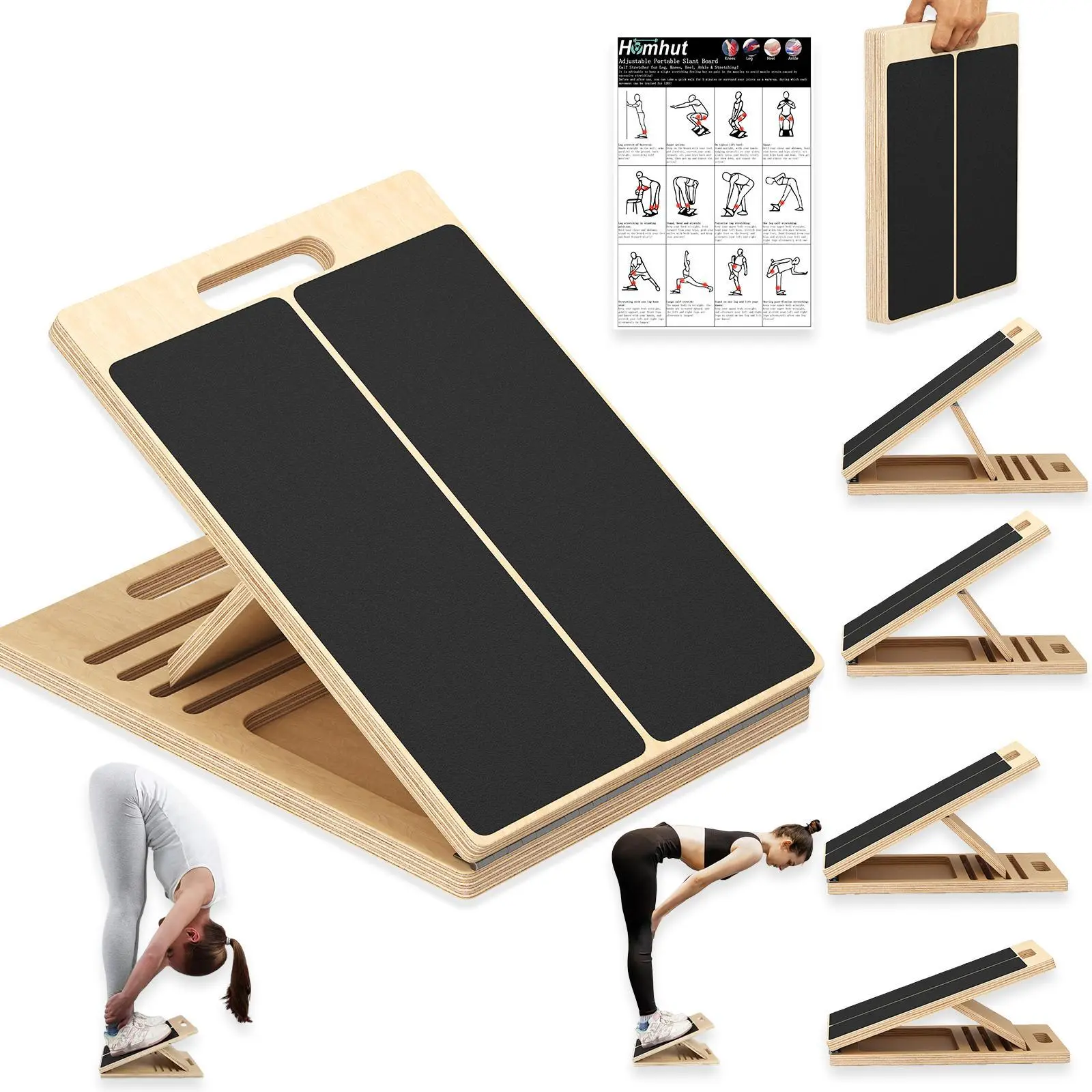 Homhut Wooden Adjustable Incline Board Calf Stretcher, Balance Training Equipment for Physical Therapy, Home Exercise Equipment (Squats, Pilates, Ankle-Heel-Feet-Leg Stretching), Adjustable Incline Boards