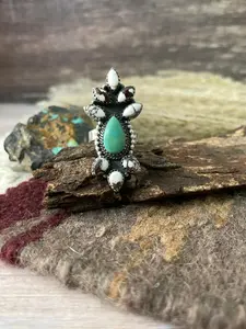 Handmade Sterling Silver Wild Horse Magnesite with Kingman Turquoise Adjustable Ring "Signed Nizhoni"
