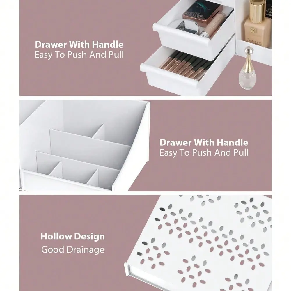 Makeup Desk Cosmetic Storage Box Organizer with Drawers for Dressing Table, Countertop, Bathroom Counter, Elegant Vanity Holder for Brushes, Eyeshadow, Lotions, Lipstick and Nail Polish,  desktop (White)